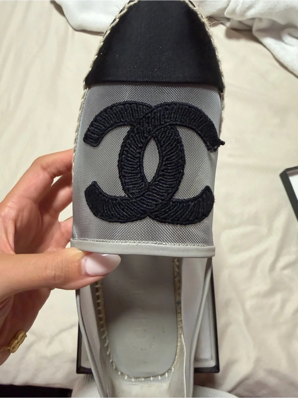 AUTHENTIC CHANEL Black & Gray Mesh Espadrilles with Jute Sole